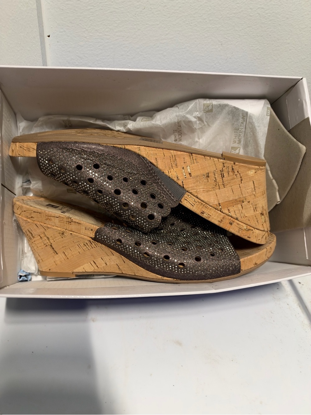 White Mountain Metallic Bronze Perforated Cork Slide Wedges